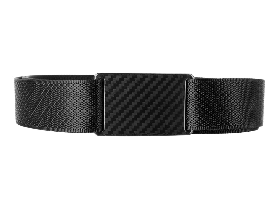 Front view of the Grip6 carbon fiber belt with a sleek twill weave carbon fiber buckle and black nylon strap.