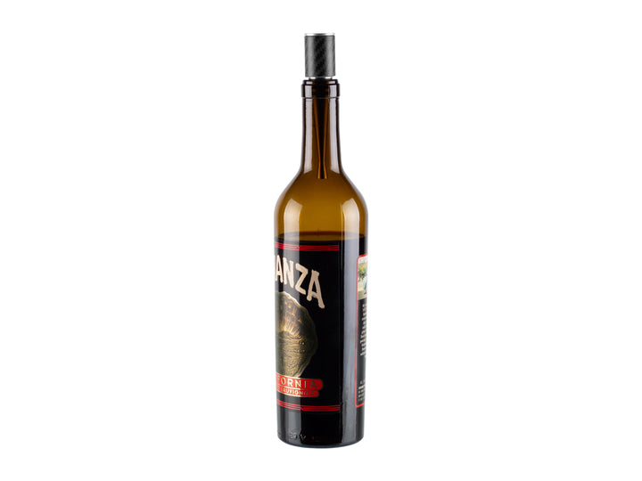 Farfalli Carbon Fiber Wine Stopper in use, sealing a wine bottle, demonstrating its practicality and stylish appearance.