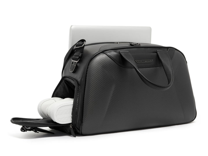 TUMI | McLaren Quantum Duffle - Black Edition, Side open with shoes
