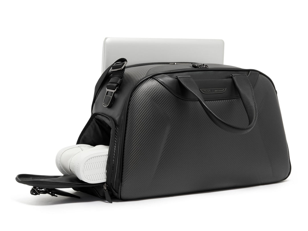 TUMI | McLaren Quantum Duffle - Black Edition, Side open with shoes