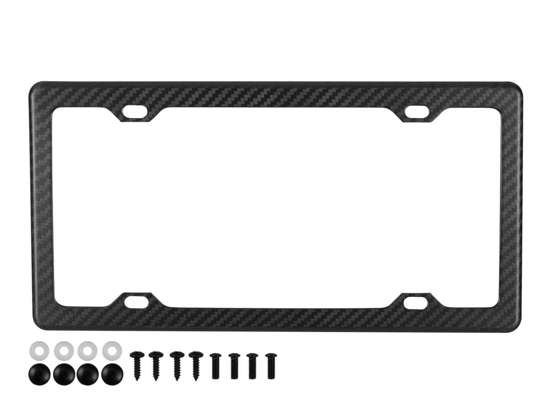 Matte finish carbon fiber license plate frame with 4-hole design and complete installation hardware kit