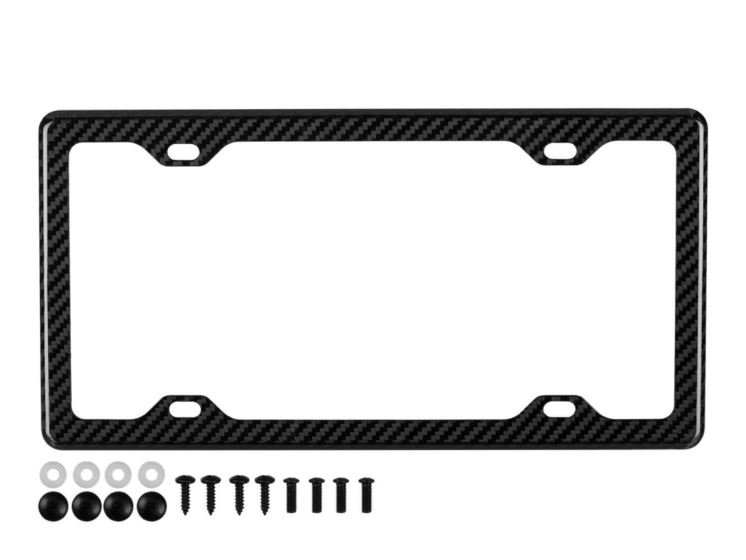 4-hole carbon fiber license plate frame showing minimalist design with included black hardware kit and screws