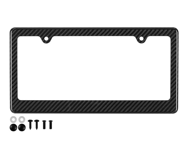 2-hole carbon fiber license plate frame with distinctive 1-inch lower profile and included installation hardware