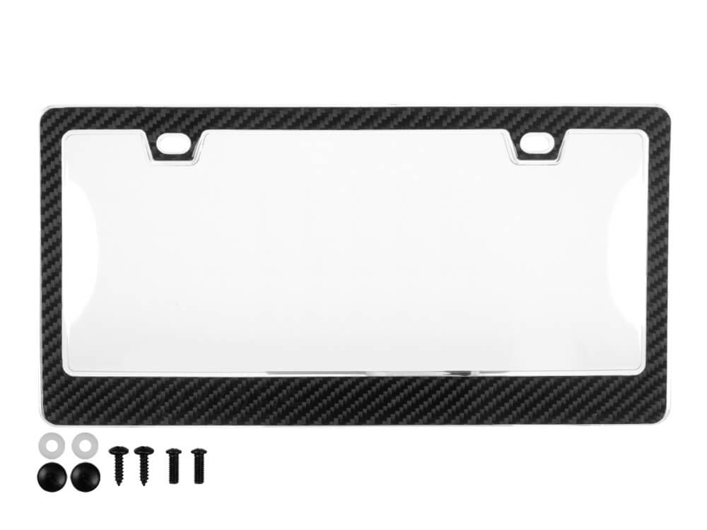 Carbon fiber license plate frame featuring crystal-clear bubble-contoured shield and complete installation hardware